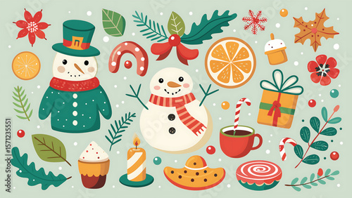 Festive winter holiday elements with snowmen and treats snowman Christmas