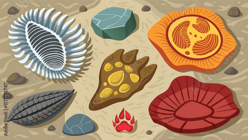 Fossilized Remains And Rocks On Sandy Ground ancient prehistoric