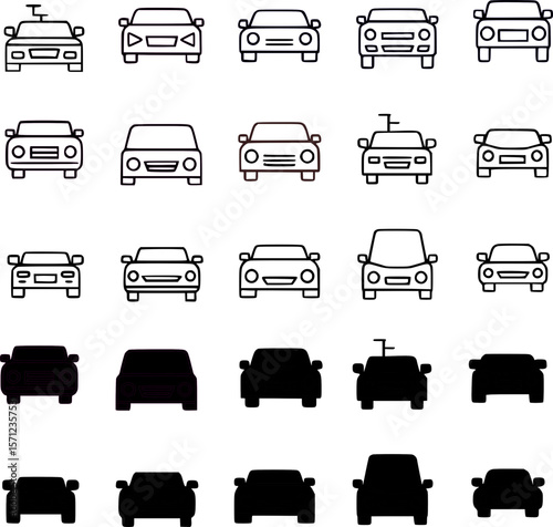Set of car front view line icons with transparent background, ideal for automotive, UI, or web design.