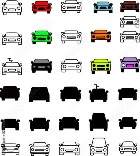 Set of car front view line icons with transparent background, ideal for automotive, UI, or web design.