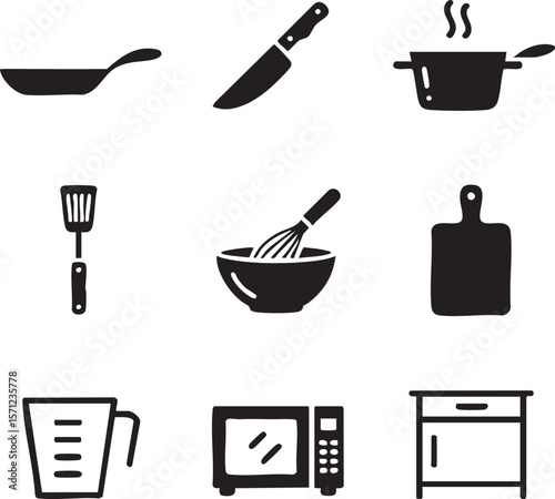 Kitchen utensils vector icon set collection featuring cookware appliances preparation tools and cooking elements black and white silhouette design