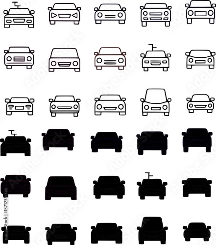 Set of car front view line icons with transparent background, ideal for automotive, UI, or web design.