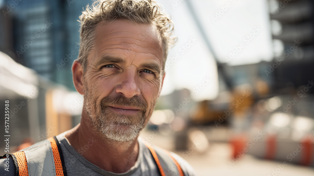 A middle-aged Caucasian man with gray hair and a beard smiles confidently. He wears a safety vest in a construction site setting, symbolizing Labor Day. A middle-aged Caucasian man with gray hair and a beard smiles confidently. He wears a safety vest in a construction site setting, symbolizing Labor Day.