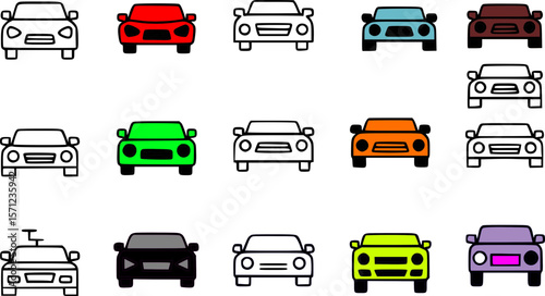 Set of car front view line icons with transparent background, ideal for automotive, UI, or web design.