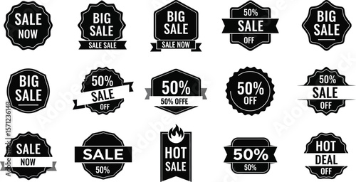 A collection of black and white sale badges with various sale offers