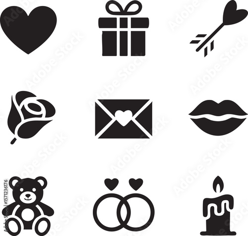 Love and romance black icon set valentines day anniversary celebration heart gift rose wedding rings candle teddy bear romantic elements collection