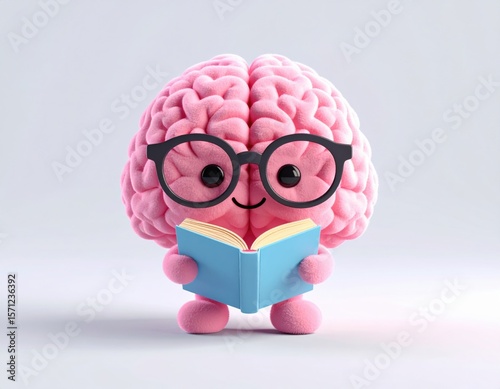 Cute brain character reading a book, wearing glasses. 3D Emoji