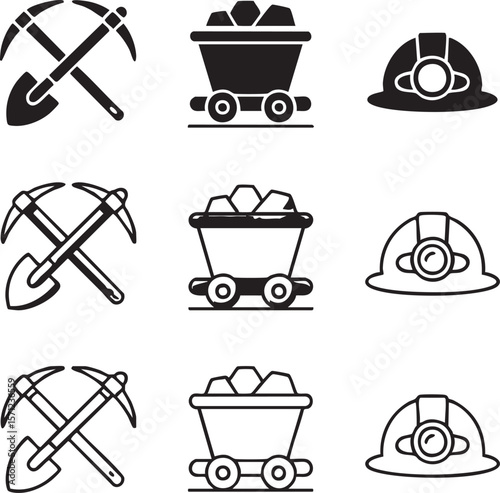 Mining industry elements black and white icon set featuring pickaxes coal cart and miner helmet in simple line art style
