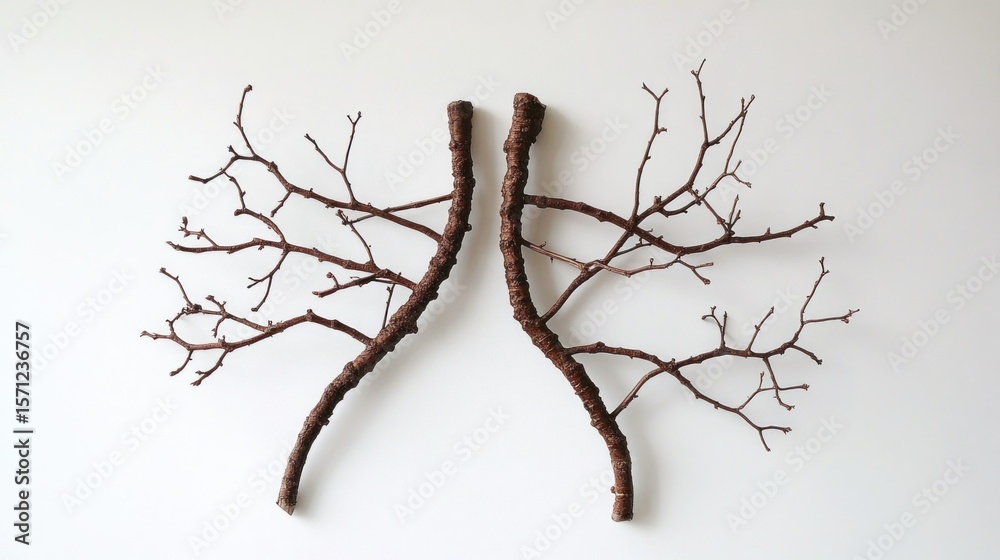 Fototapeta premium Two symmetrical, dark brown, bare twigs, arranged on a white background, resembling lungs or a stylized tree