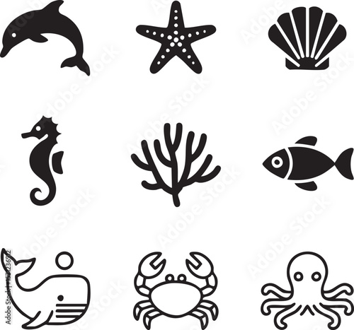 Nautical creatures and sea life black silhouette icon set vector illustration featuring dolphin starfish shellfish seahorse algae fish whale crab and octopus