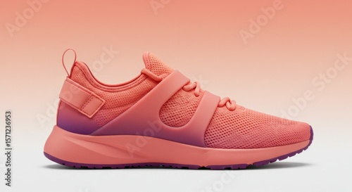 Coral-pink athletic shoe, side view.  Gradient sole