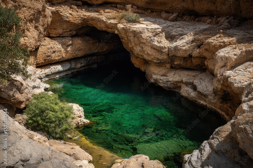 Fototapeta premium Emerald water filled sinkhole in Hawiyat Najm Park Oman