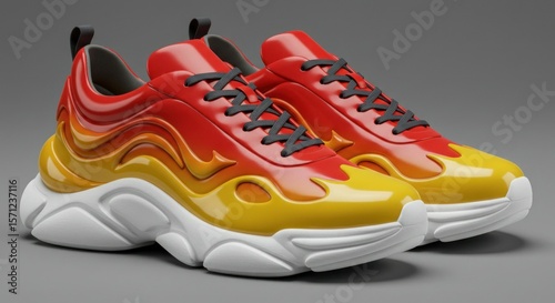 Pair of vibrant, chunky sneakers with a fiery, gradient design.  A glossy, yellow-to-red ombre pattern, resembling flames, adorns the upper portion of the shoes. Black shoelaces are visible.