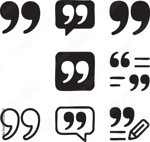 Quotation mark vector graphics set featuring various styles and presentation designs including speech bubbles and pencil icon set