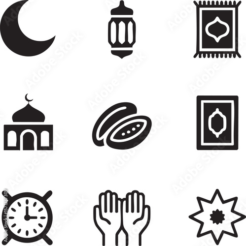 Ramadan kareem islamic celebration elements vector icon set in black and white simple design for eid alfitr