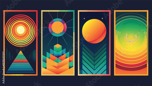 Geometric abstract suns and landscapes with vibrant gradients vector