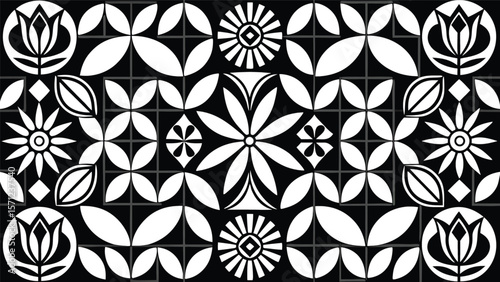 Geometric floral and sunburst pattern with black and white contrast vector