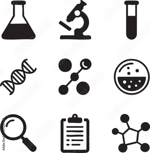 Science and research black and white icon set featuring biology chemistry and laboratory equipment for scientific studies and medical research