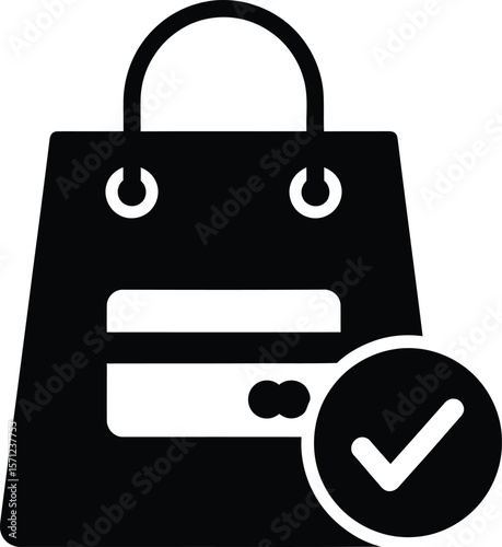 A shopping bag with a credit card and a check mark signifies successful online payment