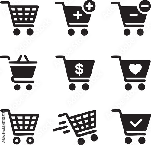 Shopping cart icon set collection black and white vector illustration online retail commerce symbols internet store purchase add remove checkout payment tick