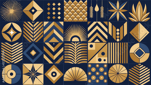 Geometric patterns in gold and navy blue abstract