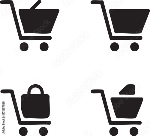 Shopping cart silhouettes icon set with various contents for e commerce and retail needs minimalist black designs