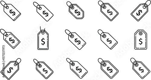 Illustration of fifteen price tags with dollar signs in black and white