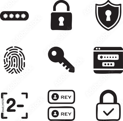 Security and privacy elements icon set featuring lock password fingerprint key two factor authentication and account login