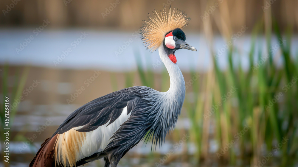 Fototapeta premium A close-up photograph of a Black Crowned Crane in sharp focus against a blurred natural background.