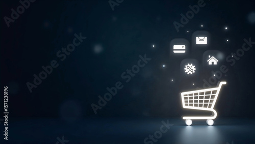 Futuristic Semi-Transparent Shopping Cart with Floating Digital Retail Icons on Gradient Background