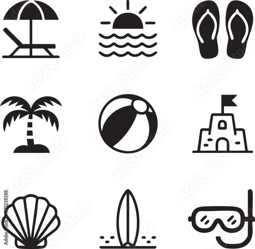 Summer vacation icon set black and white beach holiday elements vector illustration with beach chair palm tree