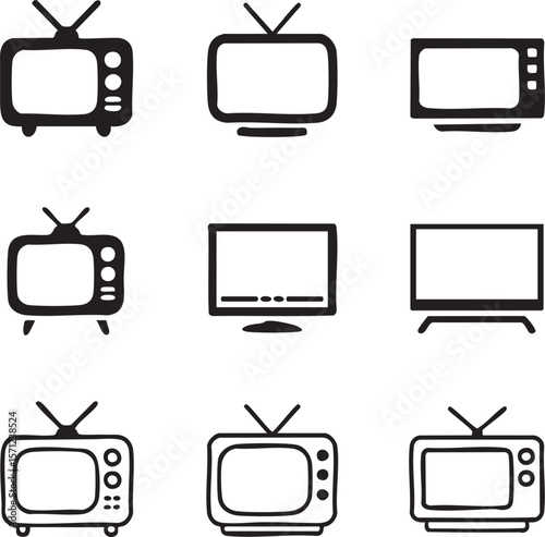 Television set icons hand drawn collection showing different tv styles and generations simple black and white outlines