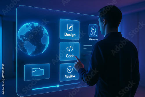 Futuristic Digital Interface with AI Assistant for Design, Coding, and Review in a High-Tech Workspace
