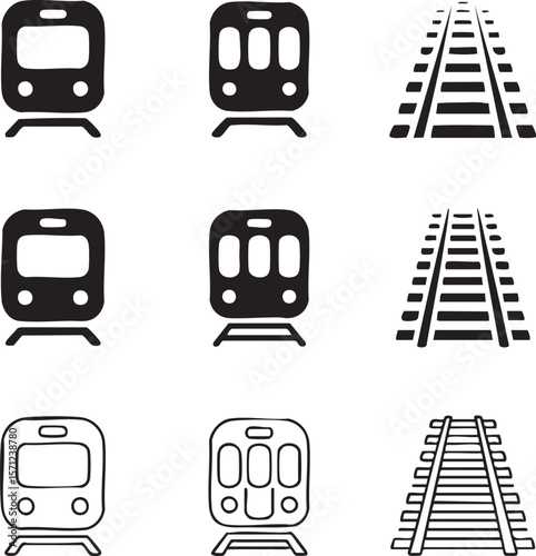 Train transportation icon set collection rail tracks and subway carriages minimalistic design graphic resources railway system pictograms for transport projects