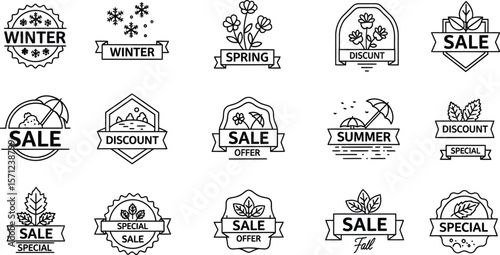 Collection of seasonal sales and discount labels in outline style