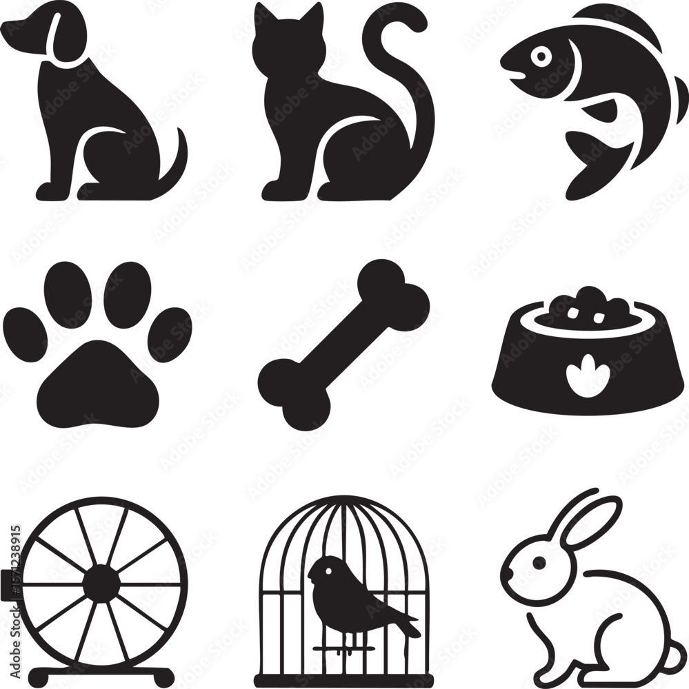 Vector icon set depicting popular pets and pet related accessories black and white icons minimalist design Vector icon set depicting popular pets and pet related accessories black and white icons minimalist design