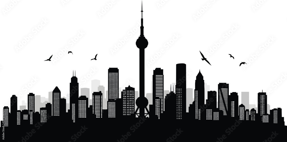 Fototapeta premium A city skyline silhouette showcases urban architecture and modern design