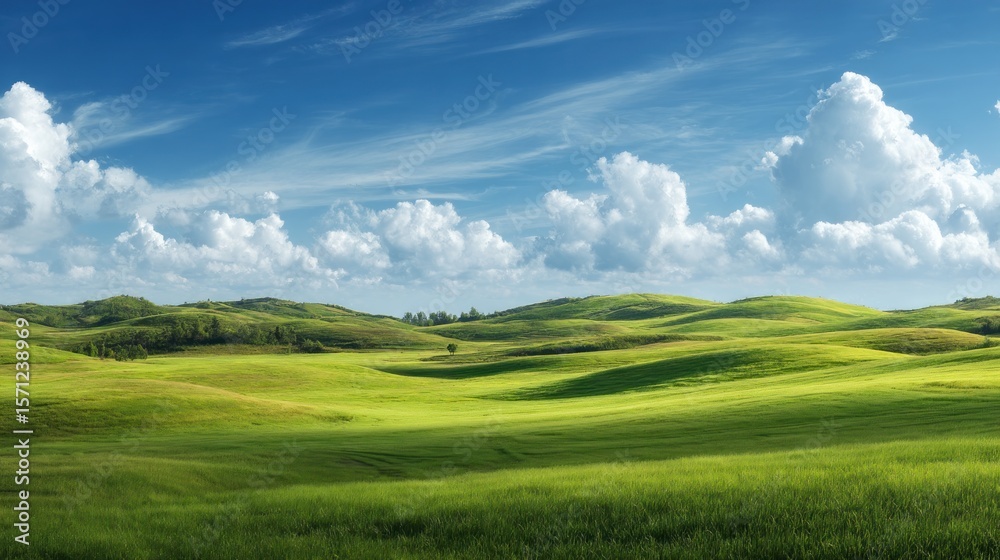 Fototapeta premium Serene rolling green hills under a vibrant blue sky with fluffy white clouds