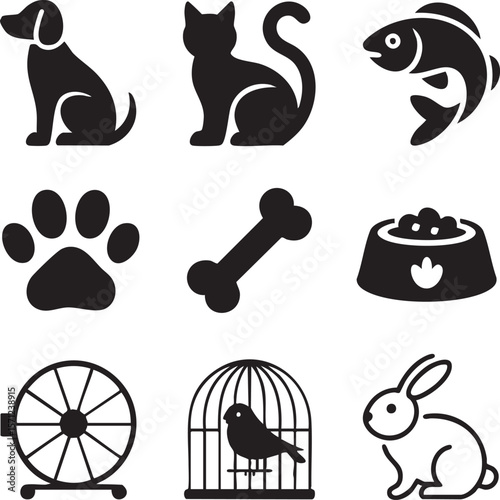 Vector icon set depicting popular pets and pet related accessories black and white icons minimalist design
