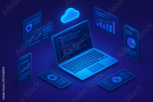 Cloud Computing and Data Analytics Concept with Laptop and Mobile Devices Displaying Graphs and Code