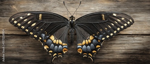 Hyper-Realistic Black Swallowtail Butterfly on Wooden Wall

