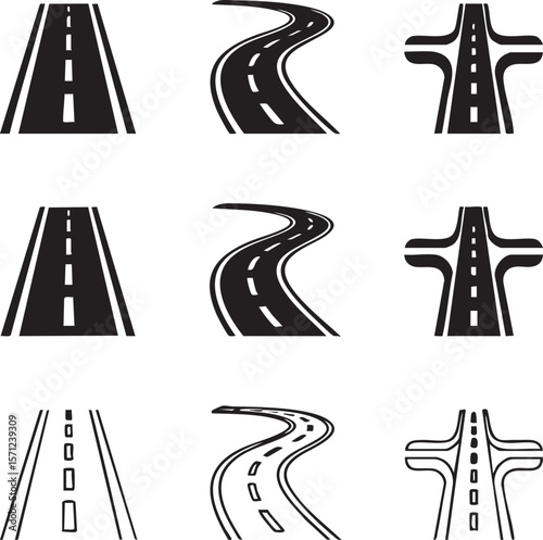Vector road icon set collection with straight curved and junction roadway designs simple black and white graphic elements for transportation theme