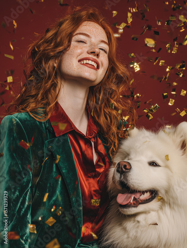A young Caucasian woman with curly red hair smiles joyfully beside a fluffy white Samoyed dog. Gold confetti falls against a red background, creating a festive atmosphere. New Year fashion banner