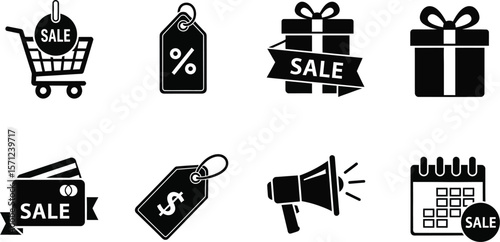 A set of black and white sale icons featuring shopping and promotions