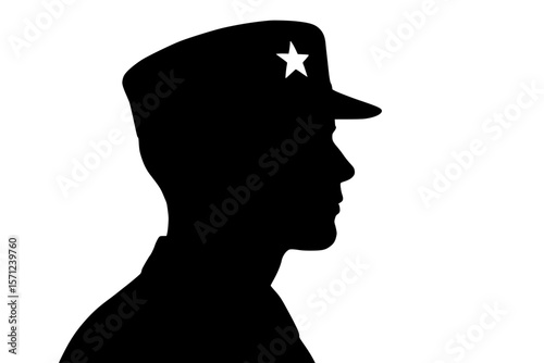 Silhouette of a figure in uniform with a hat, isolated on a white background