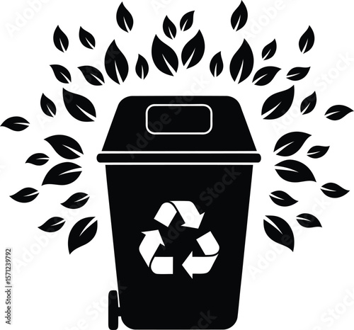 A recycling bin surrounded by leaves symbolizes environmental sustainability and waste management