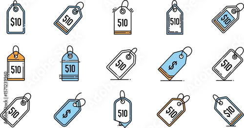 Fifteen price tags with different designs and colors on a white background