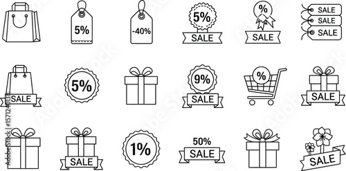 A collection of sale related icons including bags gifts and discounts
