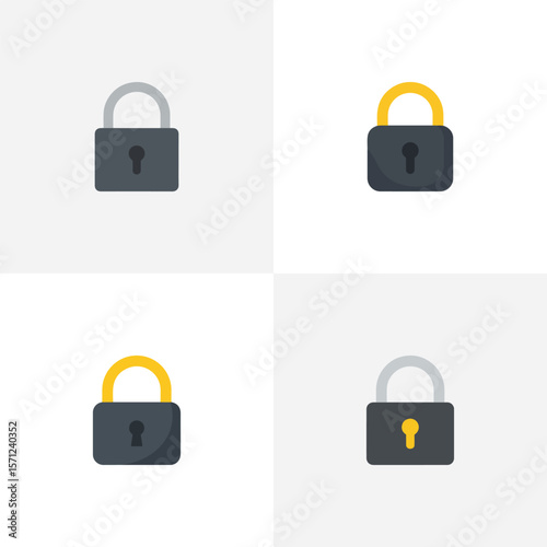 A set of padlocks and lock icons symbolizes security and protection with keys, metal, and web design elements for safe, closed, and open access