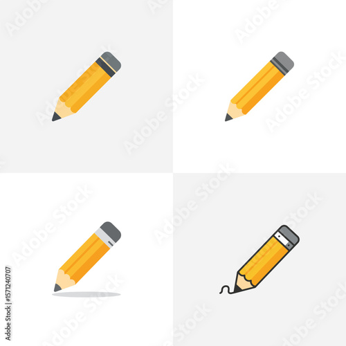 Colorful writing tools vector icons set with pencils, pens, and erasers for school, office, or art projects